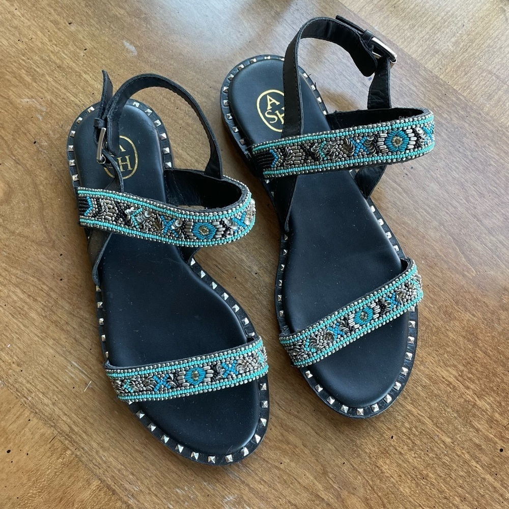 ASH Black and Turquoise Beaded Leather Sandals with Silver Studding Detaโฆ
